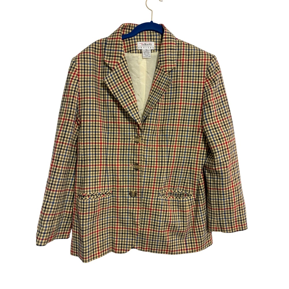 Talbots Blazer Plaid Cream Red Cotton Three Button Petite Medium PM Academic